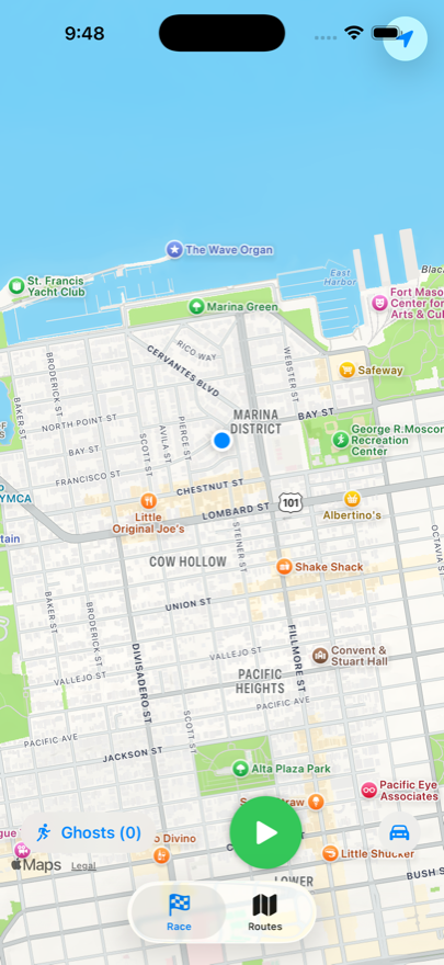 The Race tab: a live map with a one-tap record button