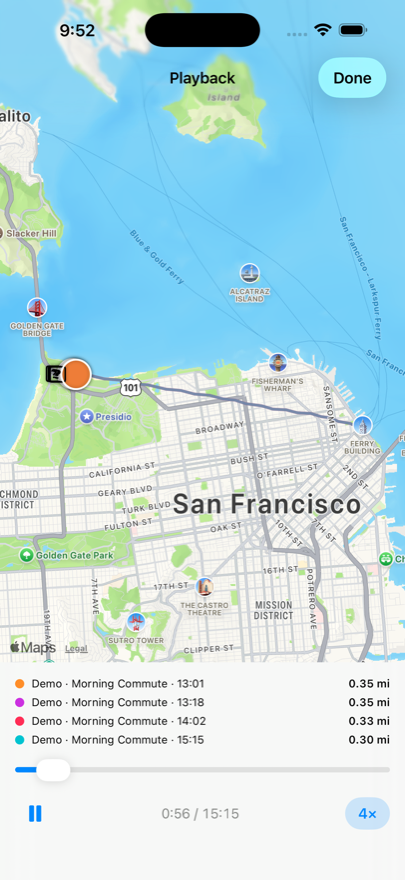 GhostPace playback screen showing several past runs racing on a San Francisco map