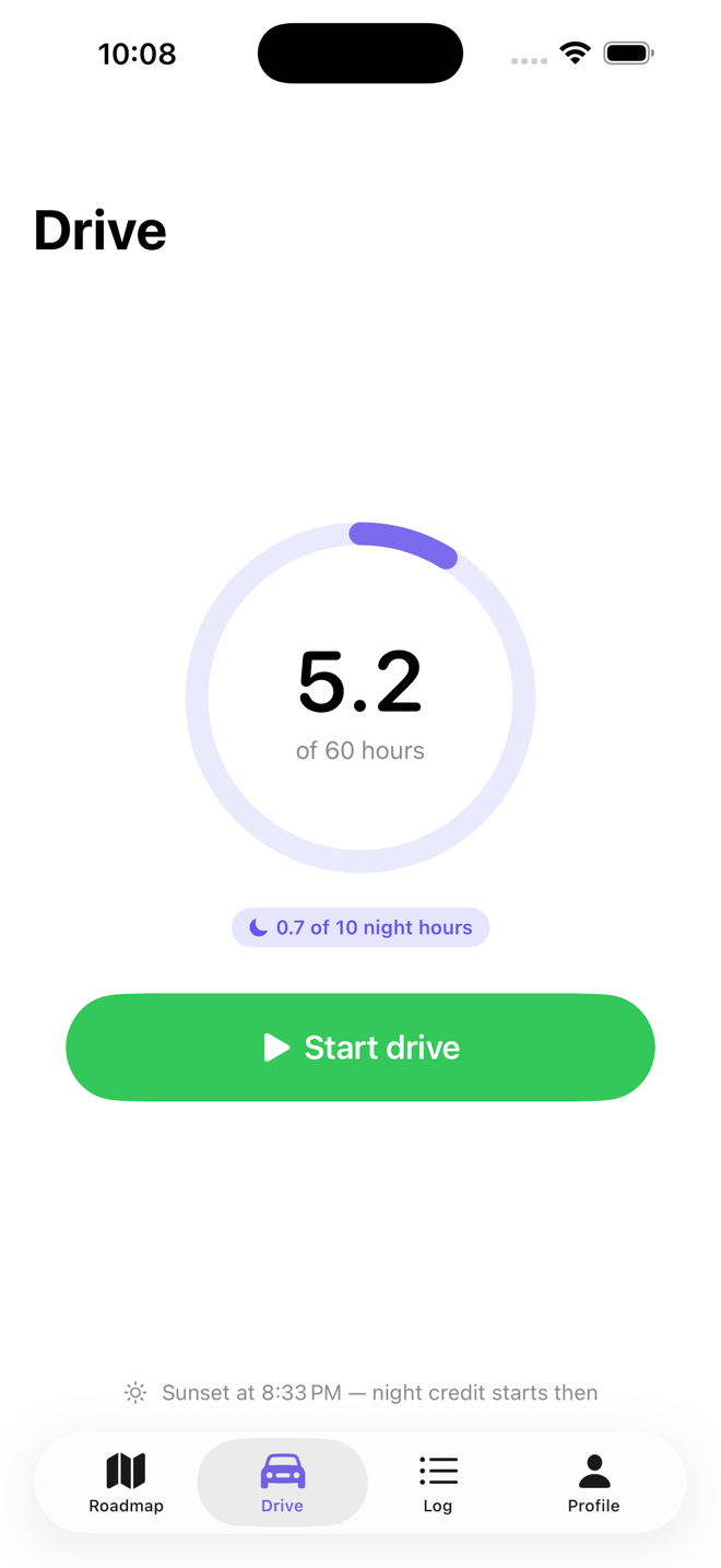 The Drive tab: a large progress ring showing 5.2 of 60 hours and a Start drive button