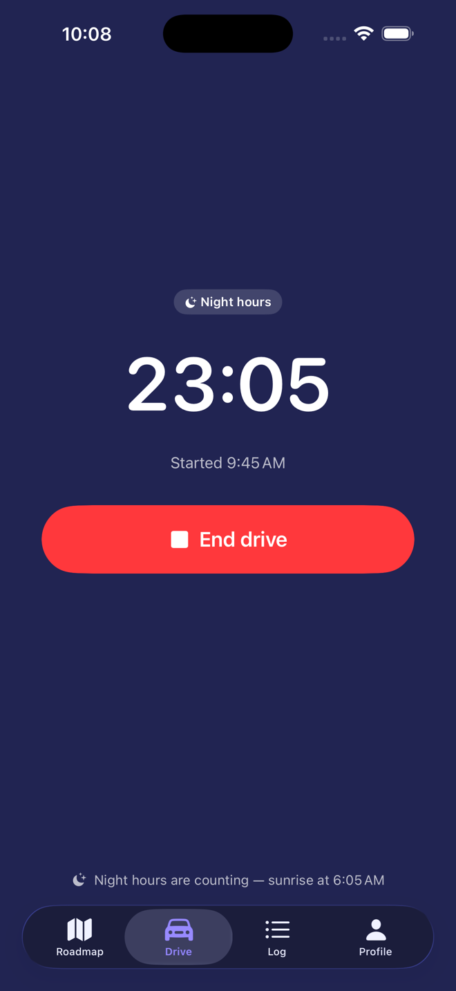 Sixty's drive screen at night: the whole screen turns deep indigo, a Night hours badge and large timer show credit counting