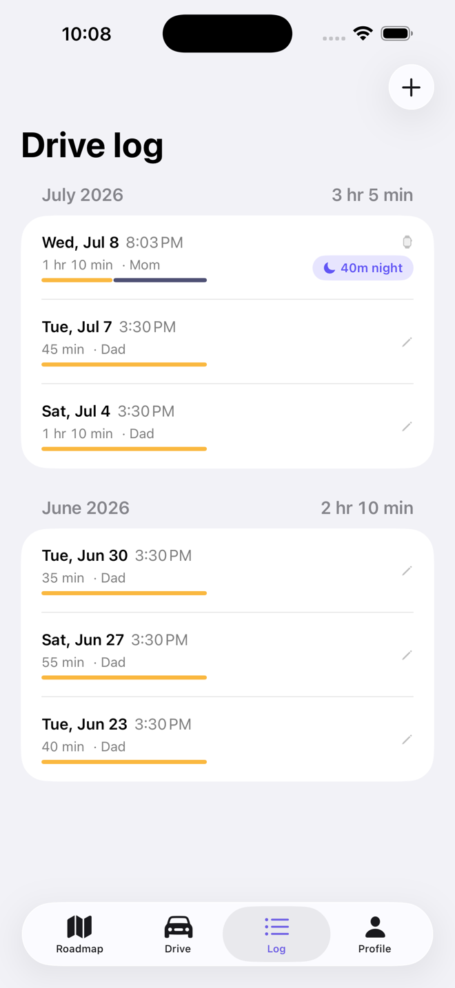 The drive log grouped by month, each drive showing an amber and indigo bar for its day/night split