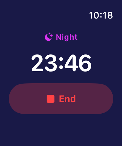 Sixty on Apple Watch during a night drive: a Night badge and a large elapsed timer